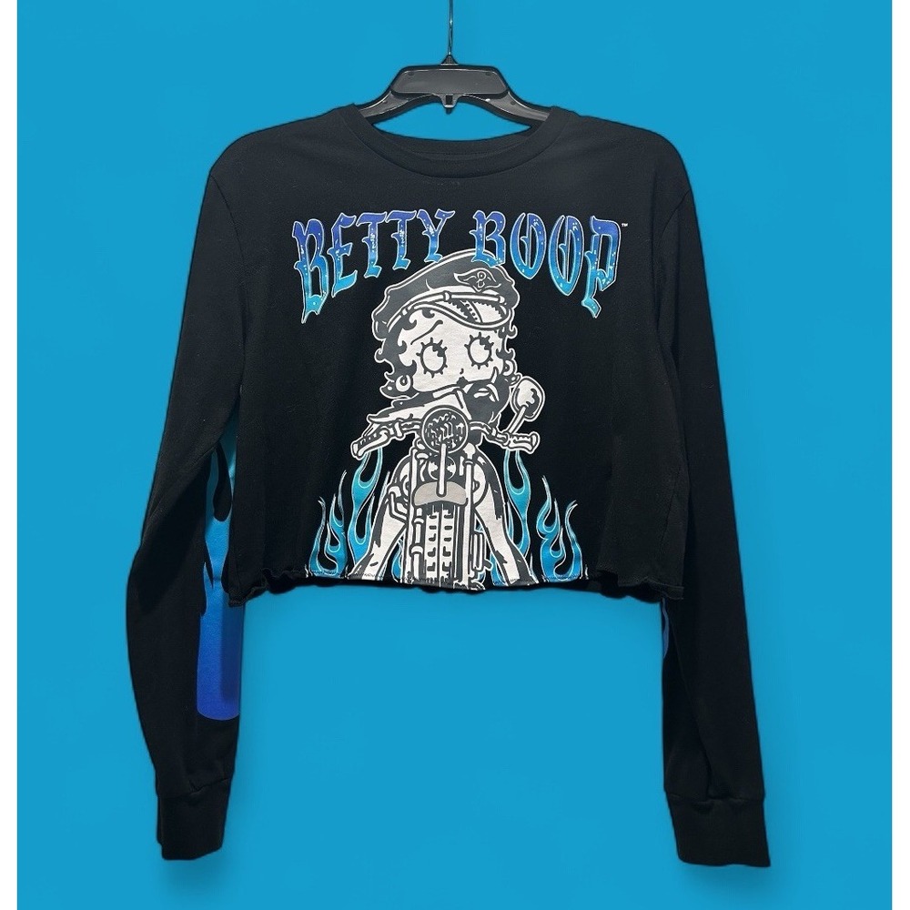Betty Boop Women's Cropped Motorcycle Blue Flames LS T Shirt Black Size Medium